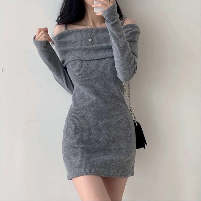 Y2K Women Knitted Mini Dress Korean Sexy Off Shoulder Female Dress Spring New Spaghetti Strap Long Sleeve Ladies Vestidos