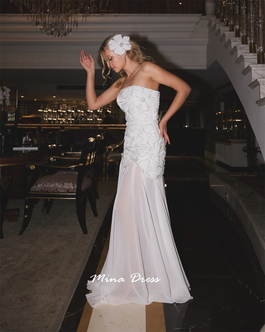 Mina Robes personnalisées en perles de fleurs 3D pour événements spéciaux, paillettes. Robe de soirée de luxe pour femmes, haut tubulaire, dos nu, robes élégantes