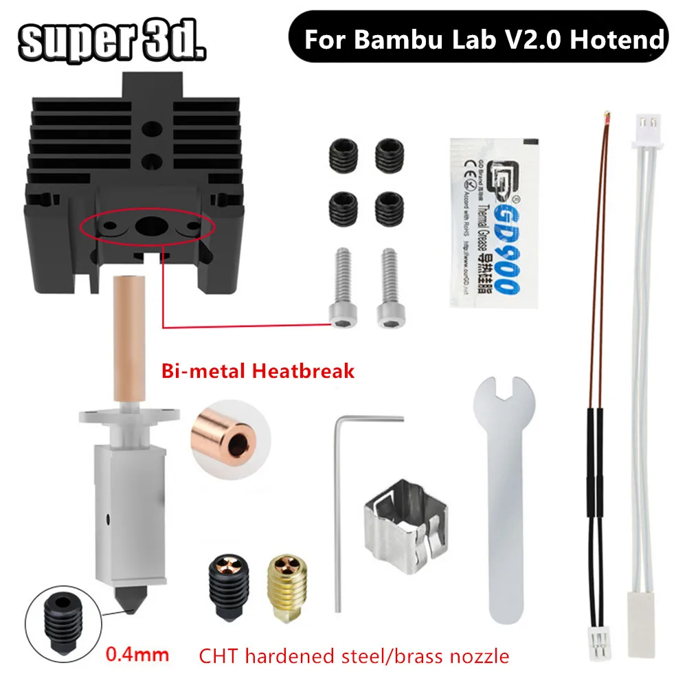 

Upgrade Hotend For Bambu Lab P1P with CHT Nozzle Bi-Metal Heatbreak Lab x1 Carbon P1S Thermistor Heating For Bambu Hotend X1C P1