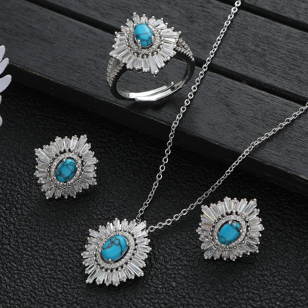 New Designer Luxury Flower Round Cubic ZirconEngagement Dubai Naija Bridal Finger Rings Necklace Earring Jewelry Set S457