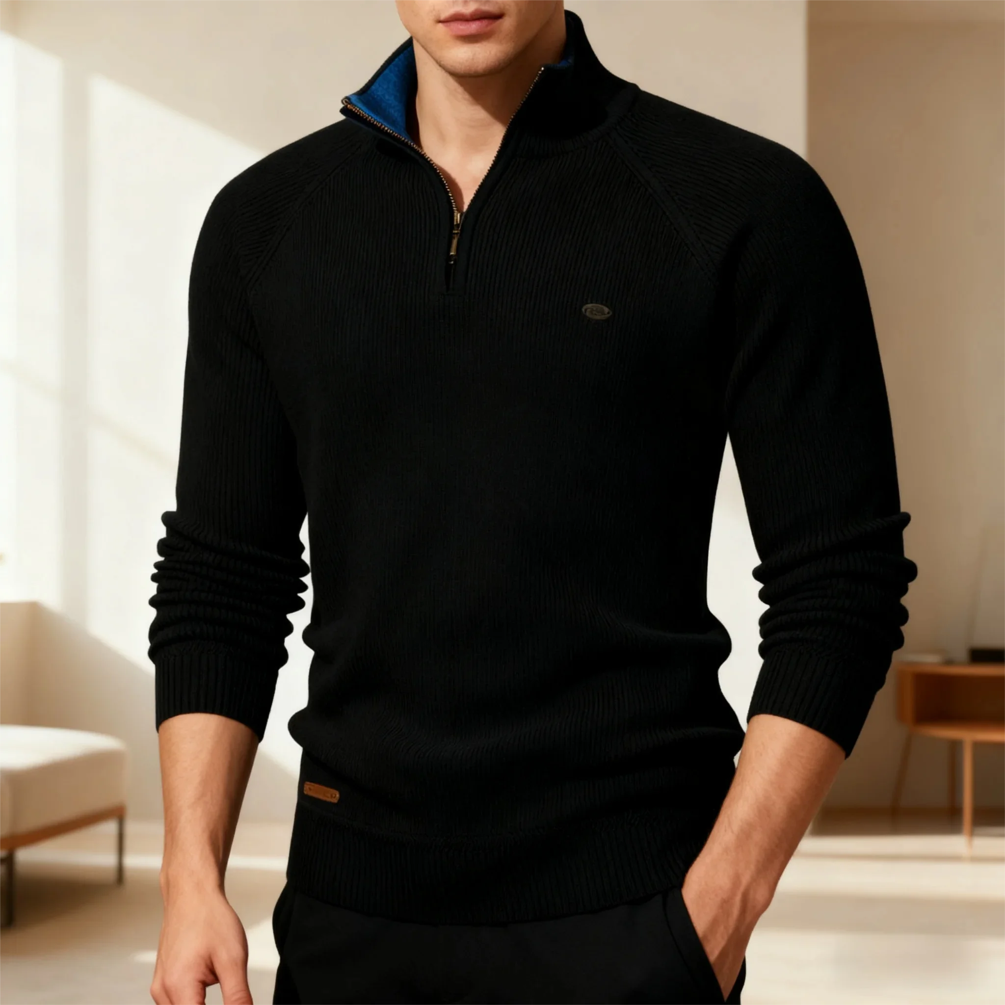 

Мужской вязаный свитер в рубчик — термостойкий воротник-стойка с половиной молнии для городского отдыха (сенний зимний дизайн)