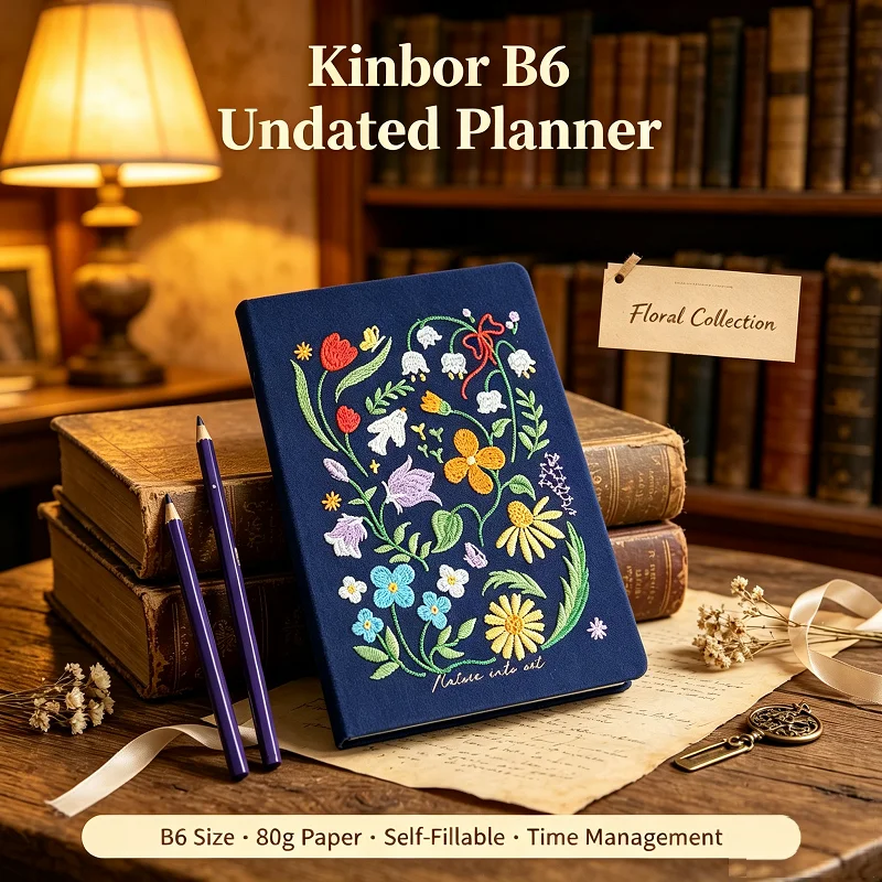 Kinbor B6 Undated Planner Notebook,Embroidery PU Cover,Weekly& Daily Agenda,Portable Time Management Floral Stationery for Girls