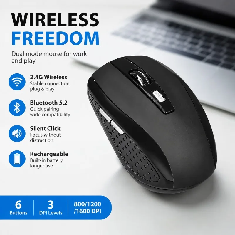 2.4G Bluetooth 5.2 Wireless Mouse Dual Mode Rechargeable Silent Gaming Mouse 6 Buttons 800/1200/1600 DPI for PC Laptop MacBook