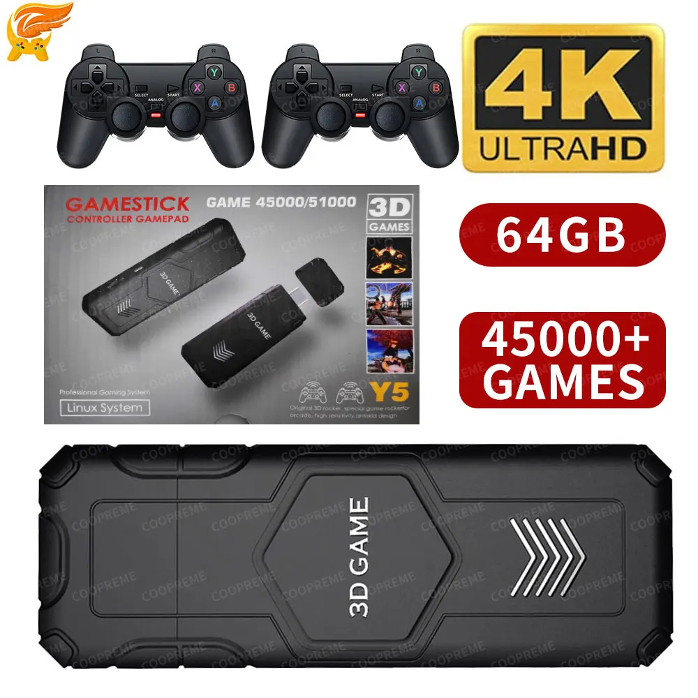 Y5 Retro Tv Game Stick 64G/128GB 45000+Games 2.4G وحدة تحكم لاسلكية 4K HD وحدة تحكم فيديو تدعم متعدد اللاعبين PS1 Family Portabl