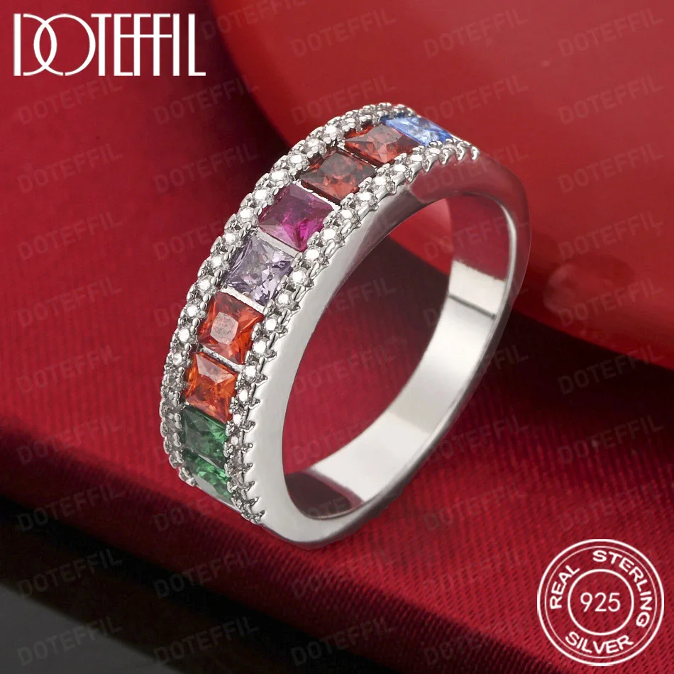 

DOTEFFIL Colorful Crystal 925 Sterling Silver Ring for Women Shiny Wedding Party Jewelry Accessory