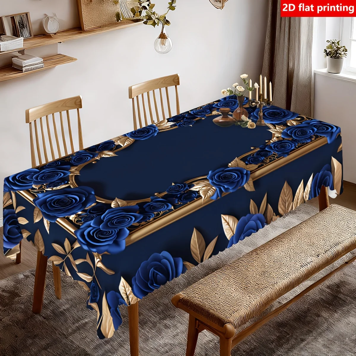 Elegant Blue Rose Floral Tablecloth Waterproof Table Cover for Dining Room Centerpiece Decor