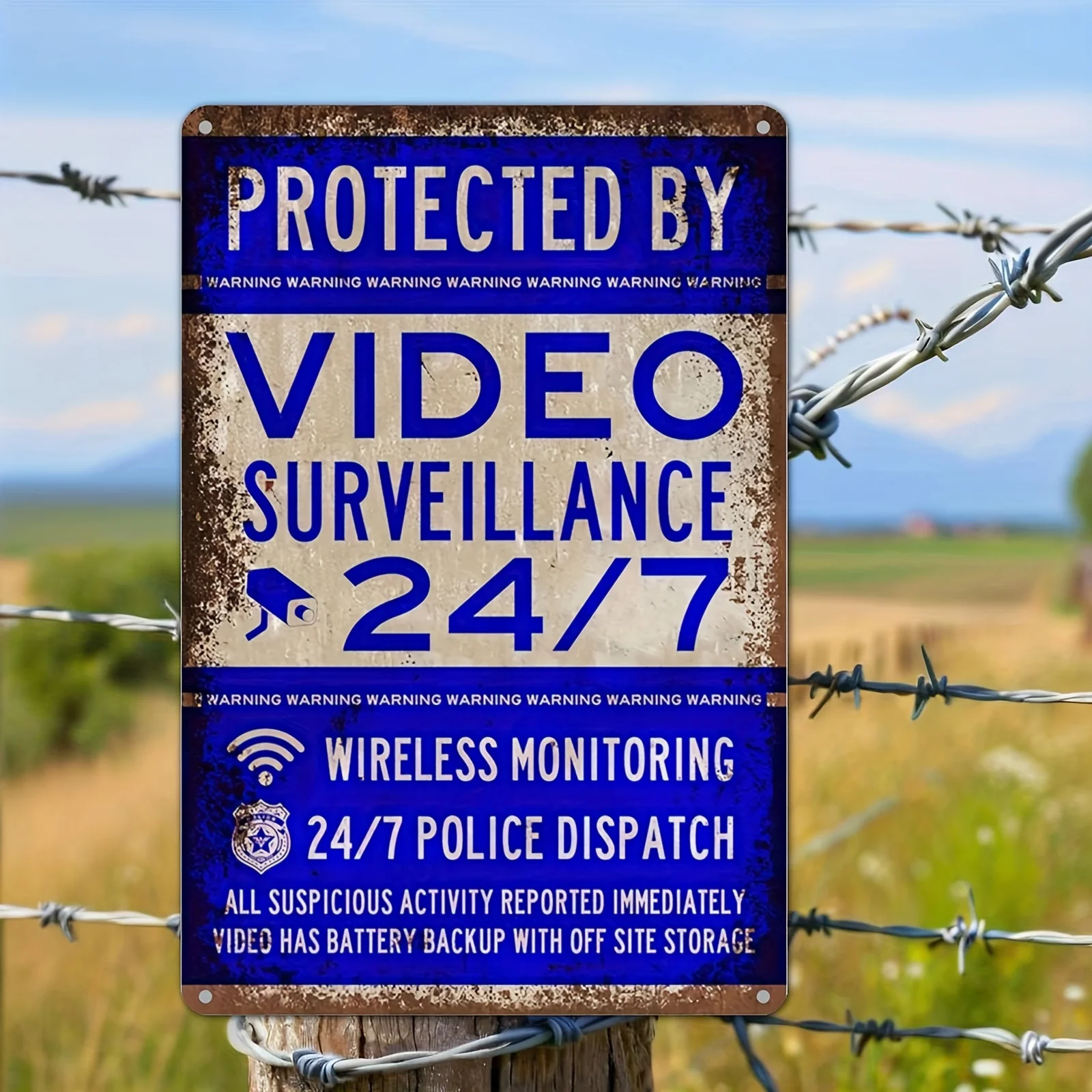 (Pintura en estaño 2D) Panel metálico de videovigilancia 24/7, Placa de advertencia de seguridad estilo rústico para el hogar, po