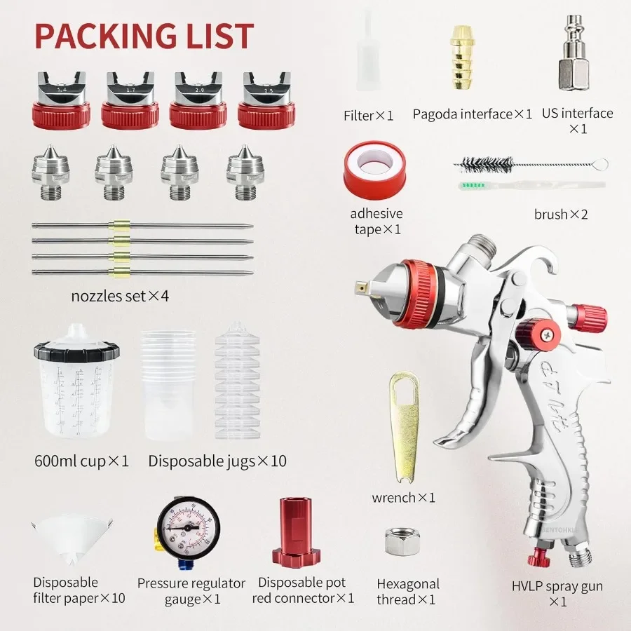 مسدس رش الهواء HVLP Gravity Fed مع فوهات 1.4 1.7 2.0 2.5 مم وأكواب طلاء للاستعمال مرة واحدة 650 مل لتطهير السيارات وH