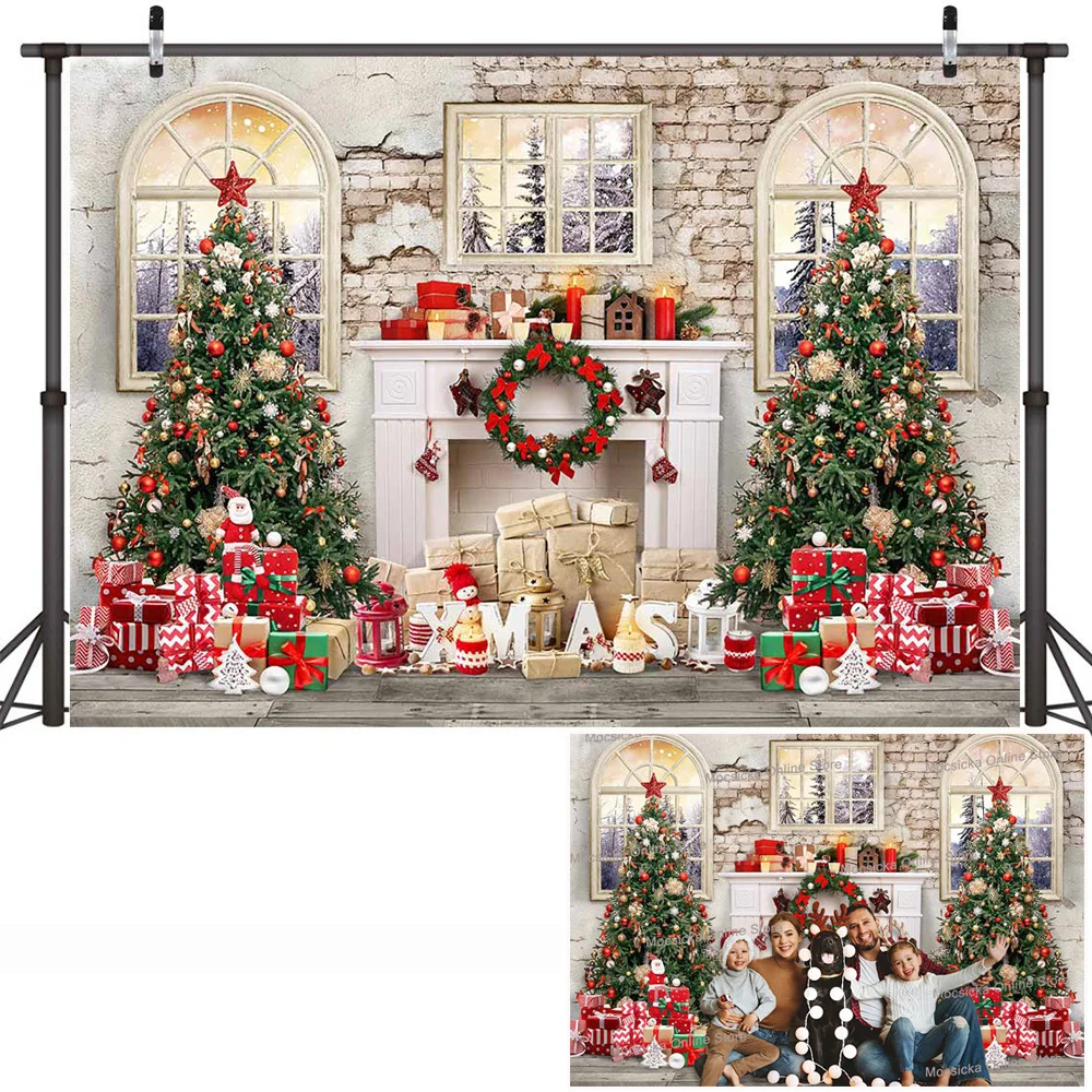 الشتاء عيد الميلاد التصوير خلفية الرجعية الموقد نافذة شجرة عيد الميلاد الخشب الباب هدية خلفية الأسرة صورة استوديو الصور