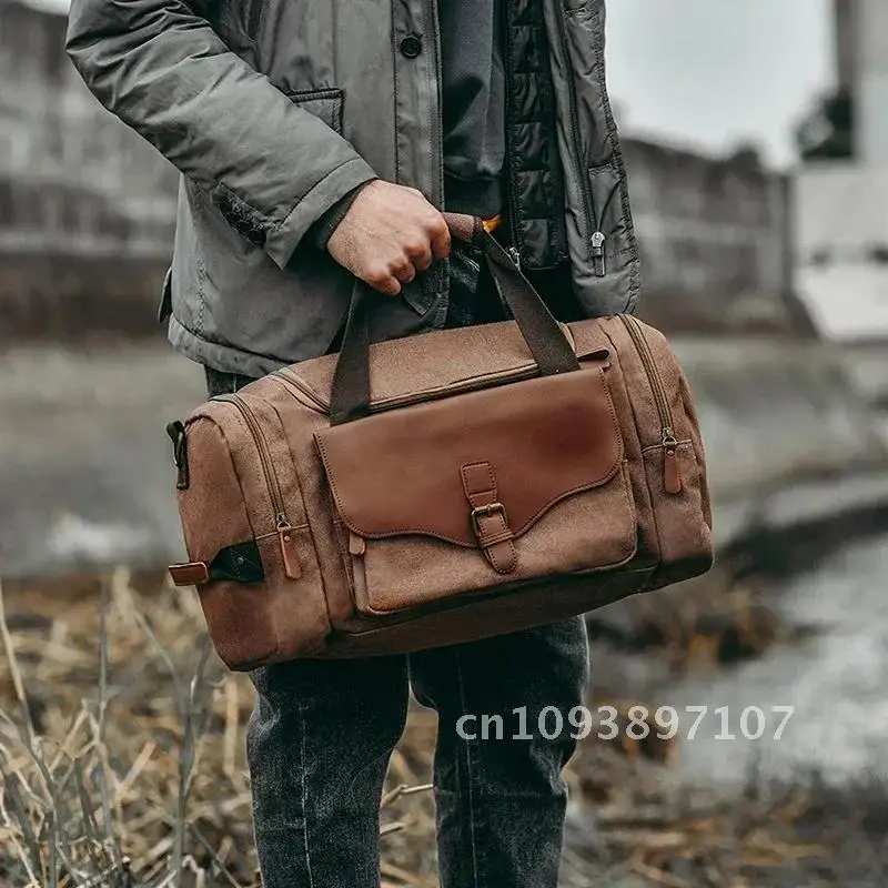 

Large Bag Canvas Multifunction Leather Bags Carry on Luggage Tote Bag Travel Capacity Utility Bag Weekender Travel Man