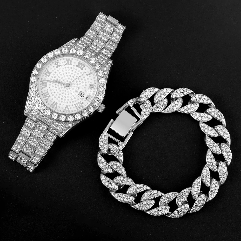Watch + Bracelet for Men Cuban Chain Charm Bracelet Iced Out Watch for Men Simple Diamond Gold Men Watch Set Jewelry Set Party