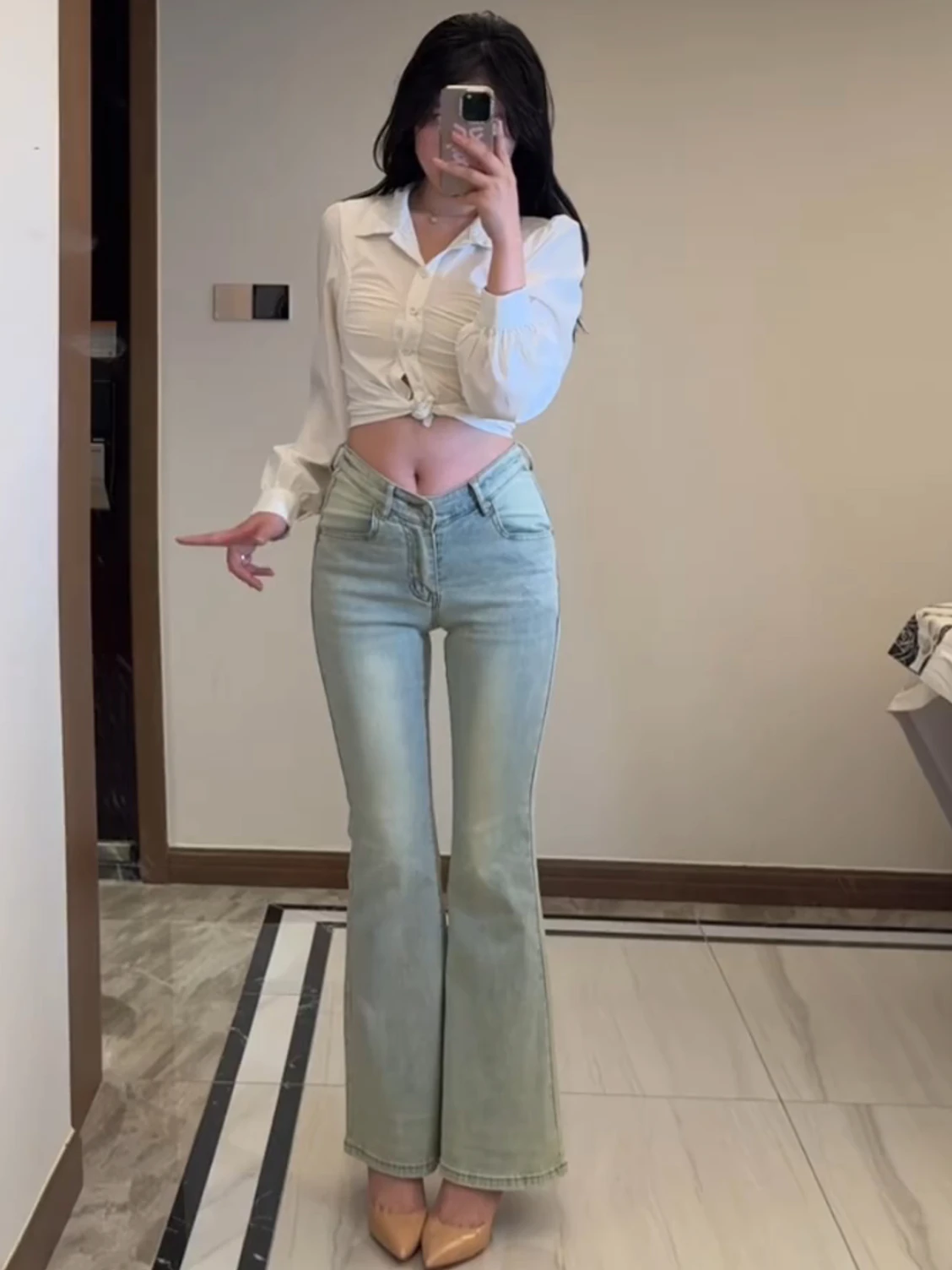 

High Waist Stretchy Slimming Denim Jeans Women's Flared Pants V-aped Waist Bootcut Long Trousers Cotton Elastic Casual Jeans