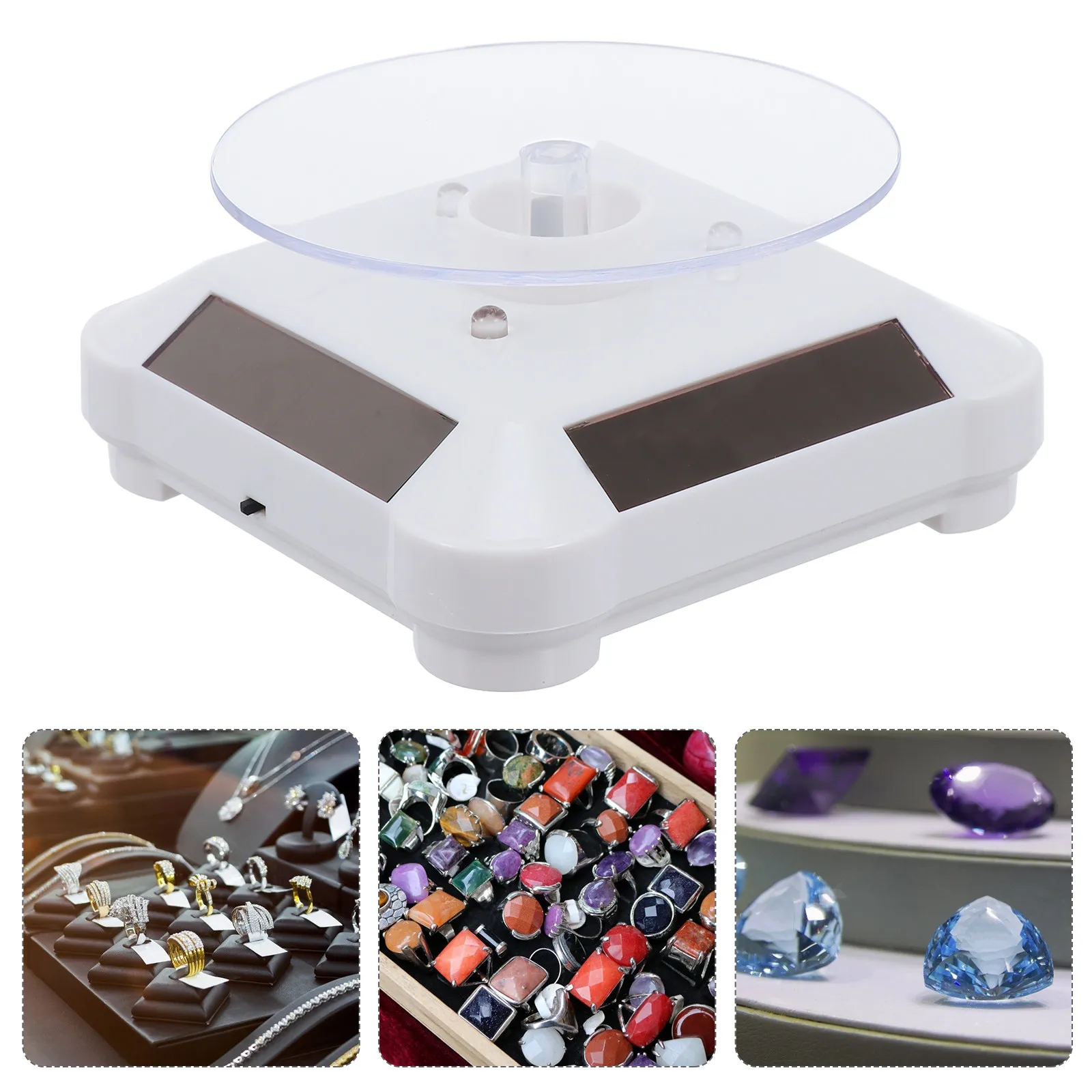 

Solar Panel Rotating Display Stand 360 Degree Clockwise Counterclockwise Rotation LED Lighting for Jewelry Watches Phones