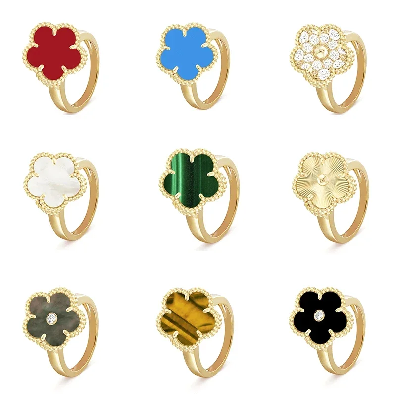 

Hot selling Classic Luxury V Plated gold Four Leaf Flower Ring 1：1 High Version Thickened Design Fresh Sweet Style party Jewelry