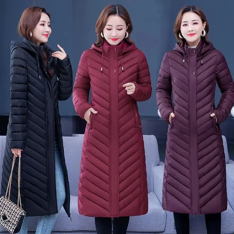 Quilted Cotton Jacket for Middle-aged Women, Long Warm Coat, Casual Hooded Parka, Female Overcoat, Purple, 5XL, New, Winter