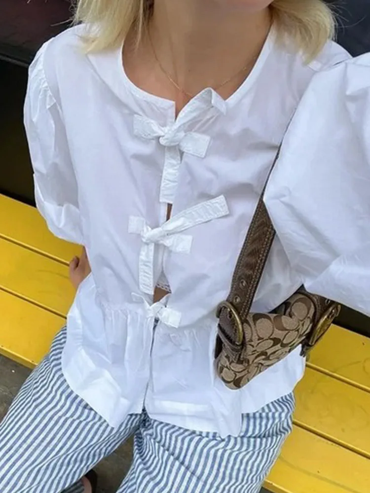 Damen Print Leopard Bluse Bowknot gebunden Rüschen Crop Puff T-Shirt Rundhals ausschnitt Kurzarm Falten kurzes Top neue weibliche Tops