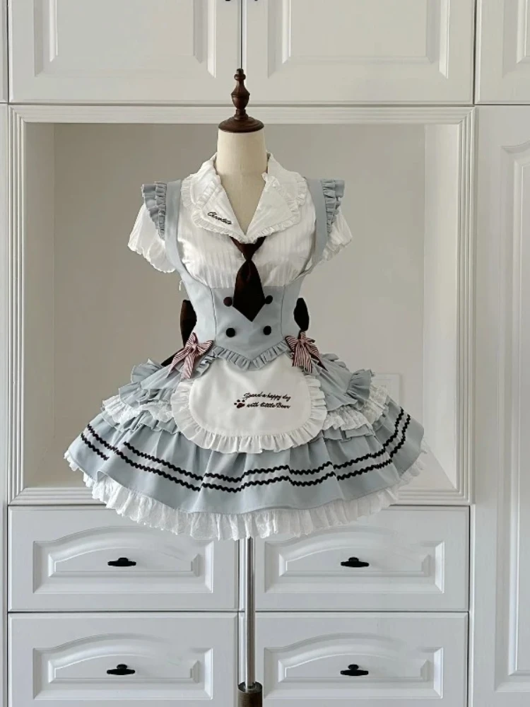 2026 Summer Harajuku Sweet Lolita Women 3 Piece Set White Lace Design Corset Tops + Fluffy Skirt Vintage Elegant Party Outfit