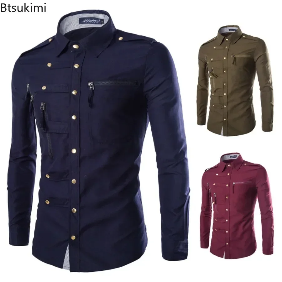 

New 2024 Men's Long Sleeve Slim Shirts Metal Button-up Multi Zipper Design Lapel Shirt Coats Gothic Punk Style Shirt Blouse Male