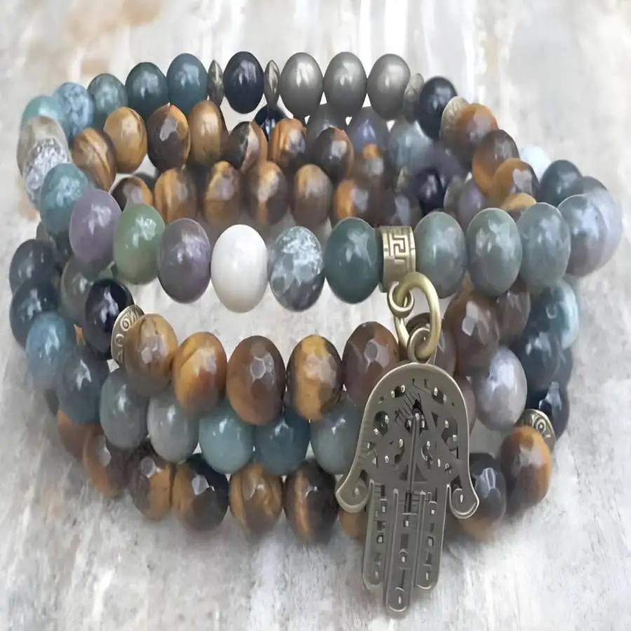 

8mm Tigereye Indian agate Gemstone Mala Bracelet 108 Beads Japa Women Bohemian Bodhi Buddhist Buddha Jewelry Natural stone Zen