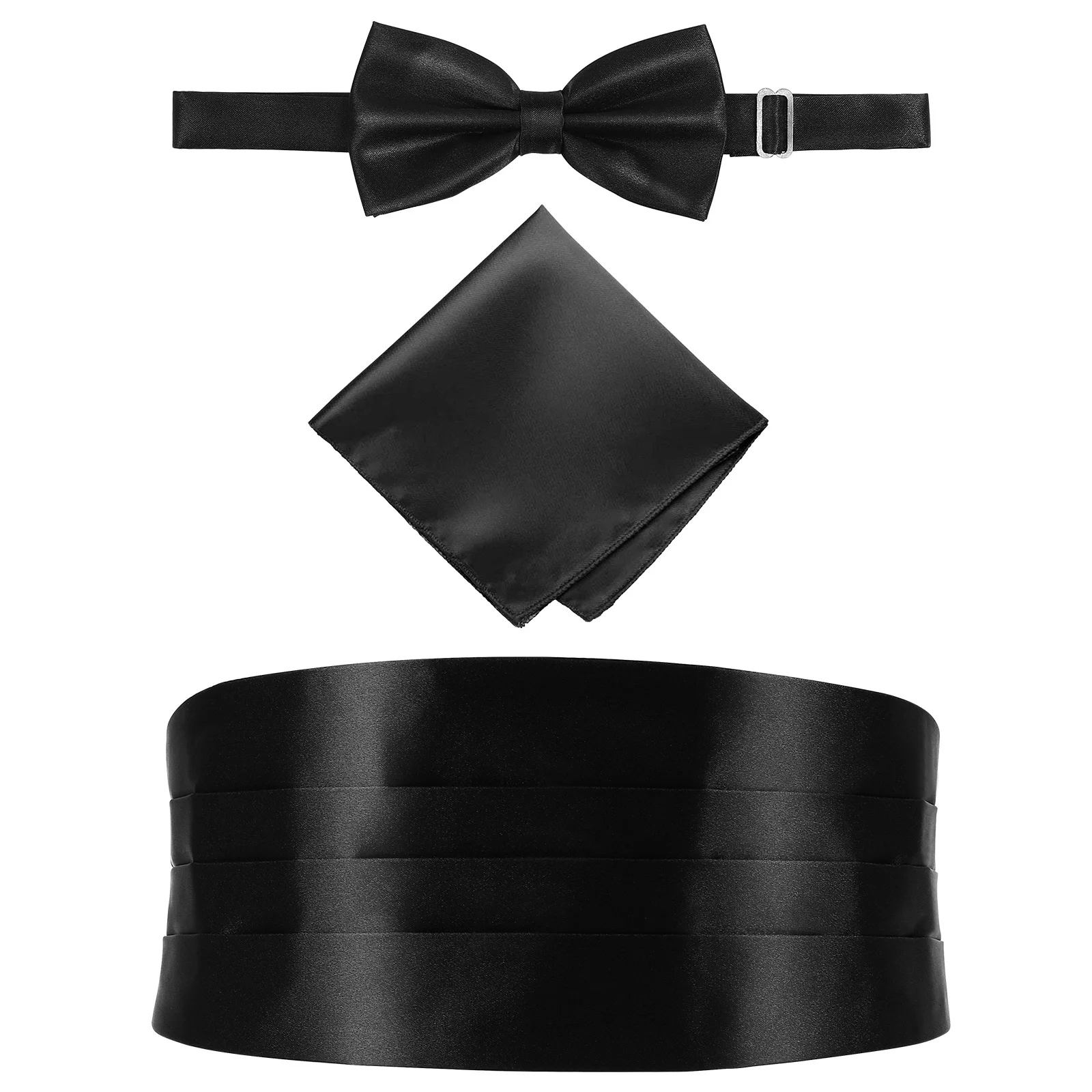 3Pcs Men's Cummerbund Bow Tie Pocket Handkerchief Set Adjustable Smooth Polyester Suit Accessory Prom Wedding Formal Party