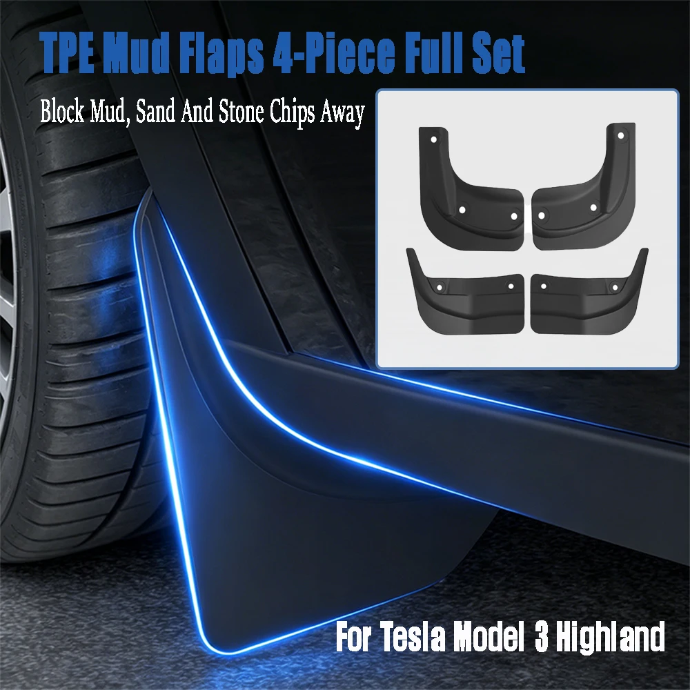 4Pcs Front Rear Wheel Fender Protector Mud Flaps For Tesla Model 3 Highland 2024 2025 2026 Original Hole Anti‑Stone Splash Guard