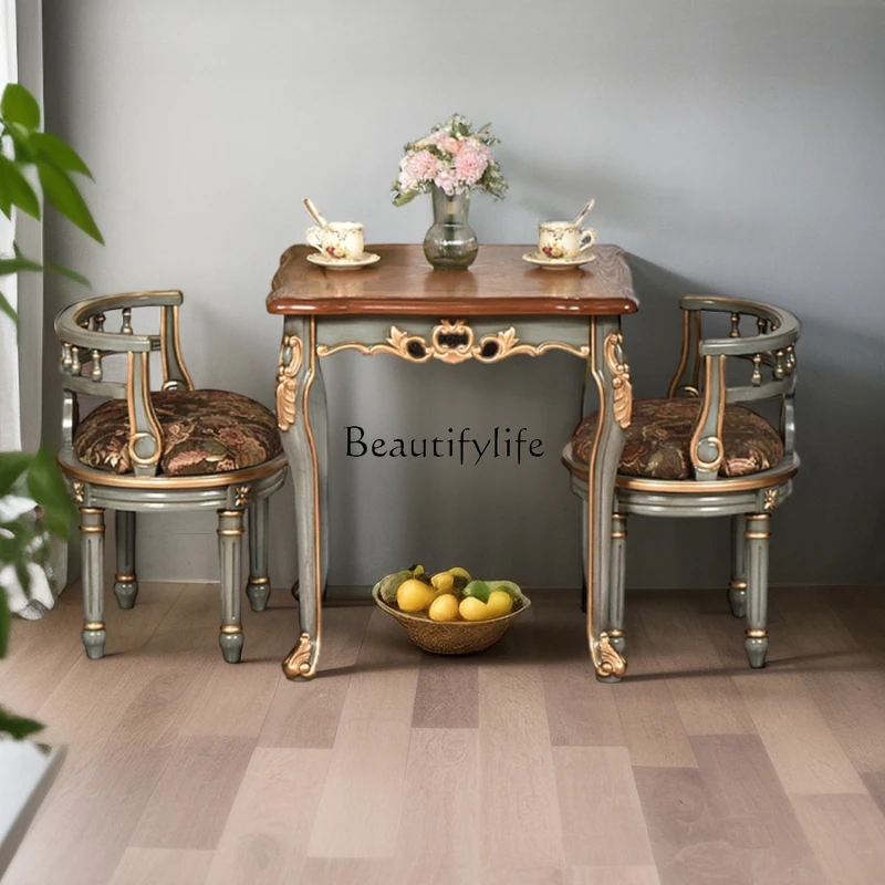 

12American Country All Solid Wood Small Apartment Dining Table Balcony Occasional Table and Chair