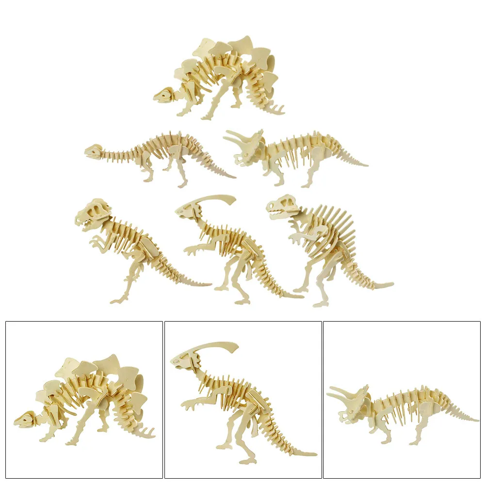 6 szt. Drewniane puzzle 3D z dinozaurami, edukacyjna gra dla dzieci, kolorowe puzzle ze zwierzętami do nauki w przedszkolu, rozwijająca koordynację oko-ręka