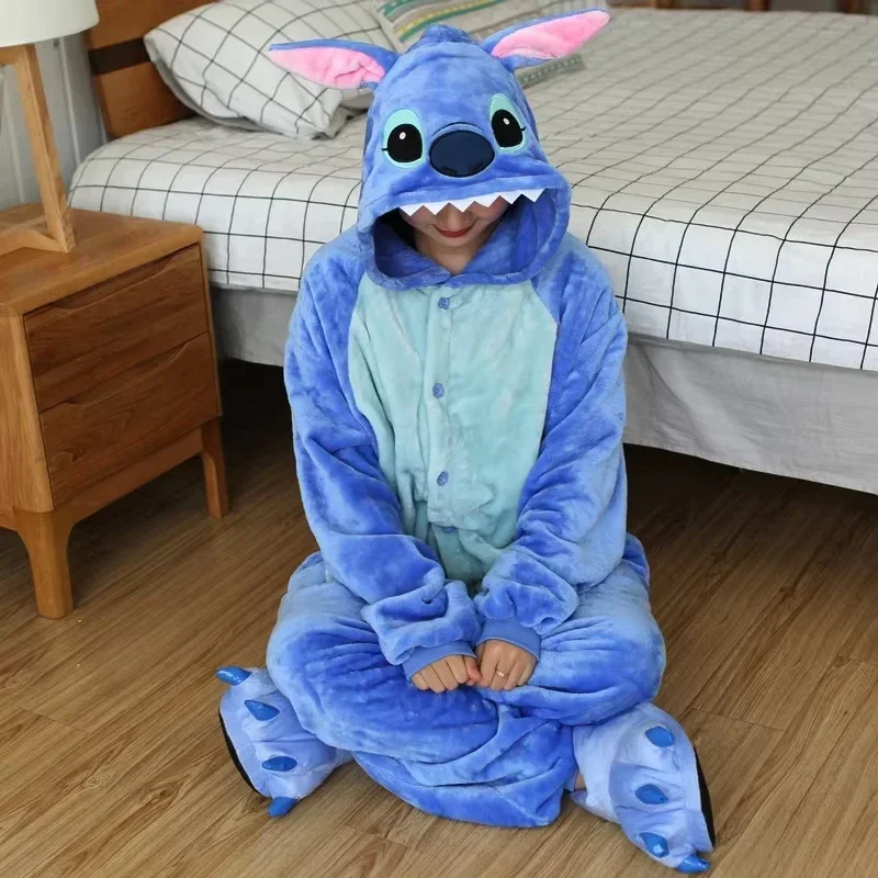 Disney Stitch Winter Adult Jumpsuit Men\'s and Women\'s Sleepwear Set Integrated Halloween Christmas Hooded Cartoon Jumpsuit