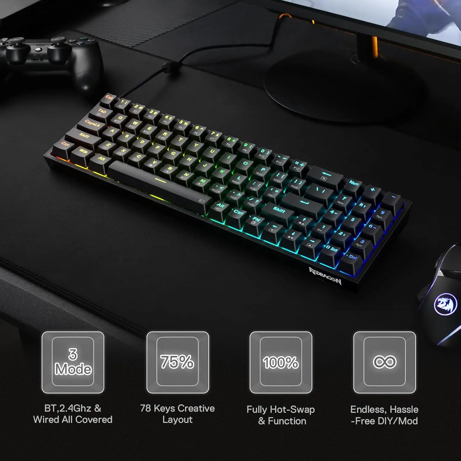 Redragon BS136 Gaming Keyboard & Mouse Combo, 75% K628 Tri-Mode Wireless RGB Mechanical Keyboard and 7200 DPI Gamer Mouse Bundle