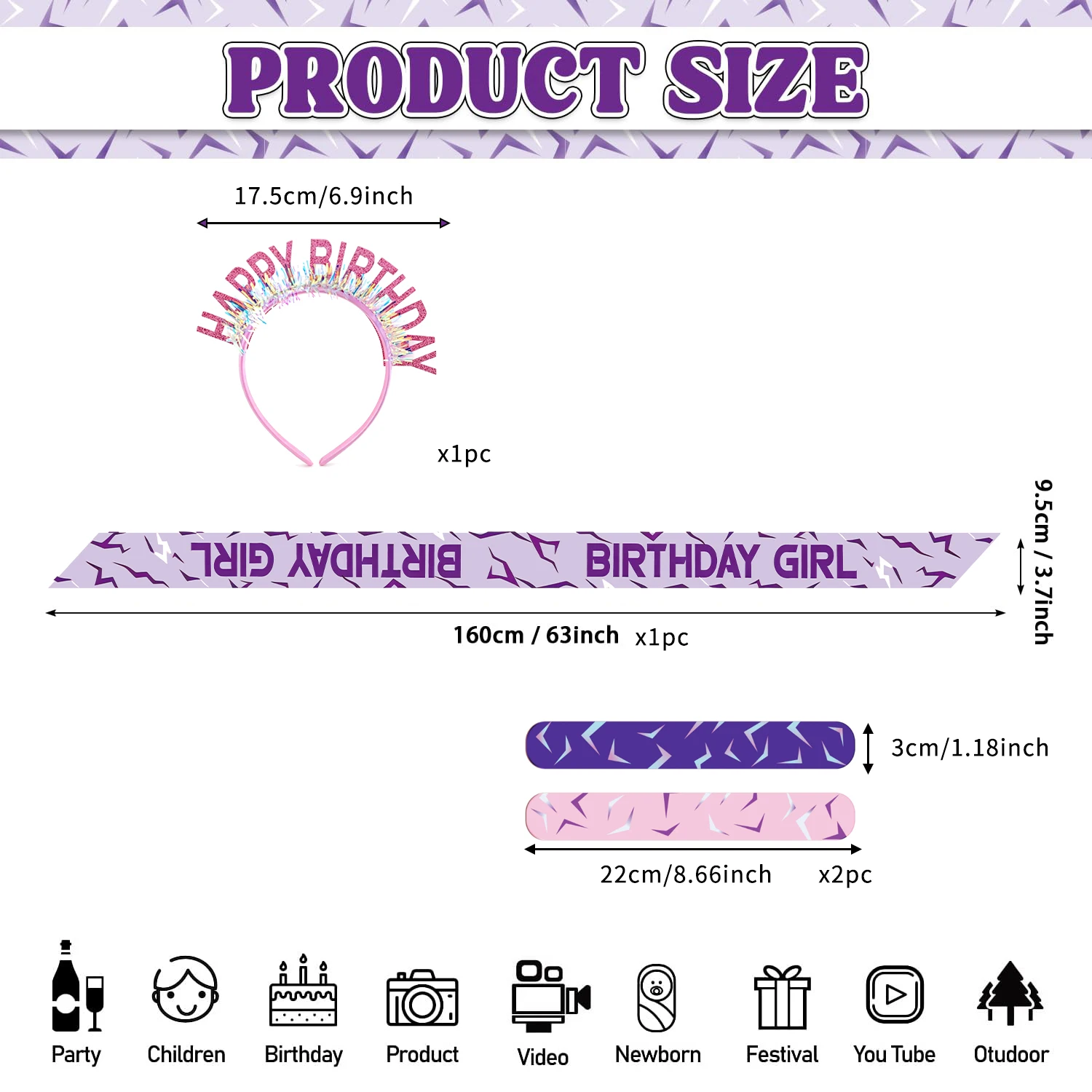 Fun Kpop Bday Queen Set: 3 Pcs Sash & Headband, Purple Lightning Party Decor with Slap Bracelet for Girls Women view 3