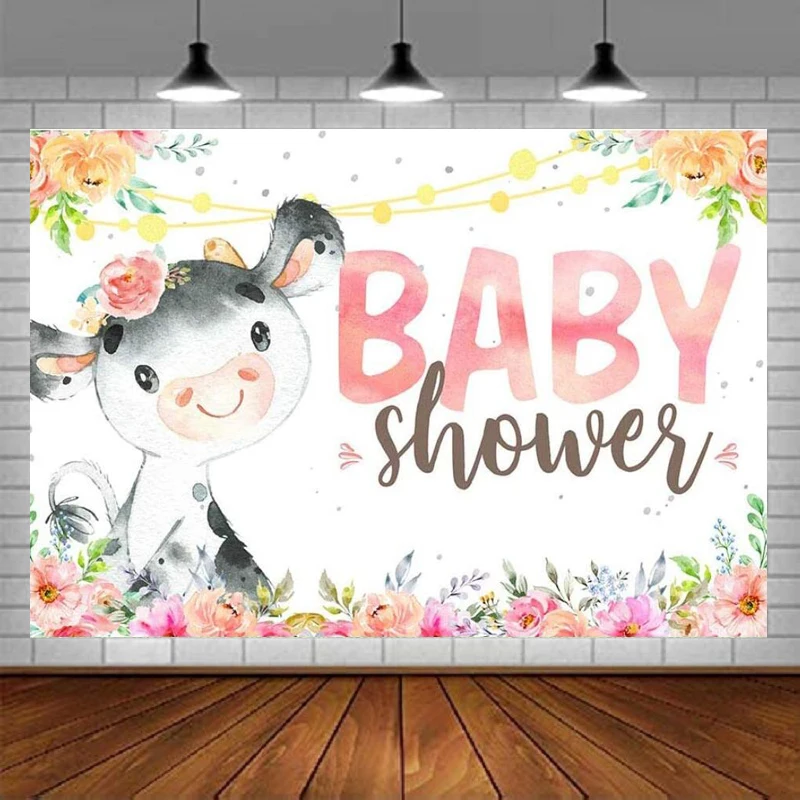 

Photography Backdrops Pink Cow Baby Shower Party Photo Studio Booth Background Props Farm Animal Floral Girl Party Decor Banner