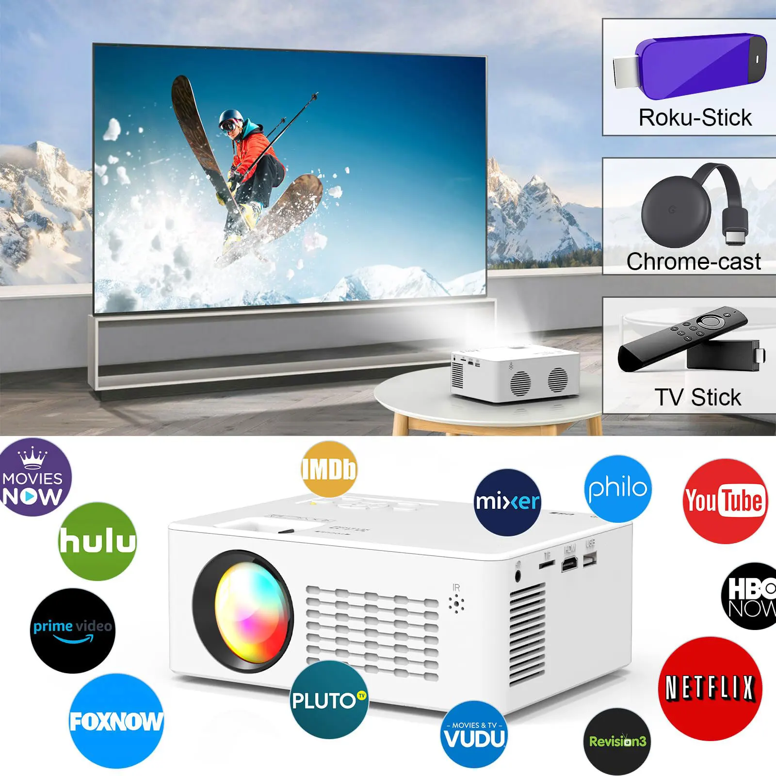 Mini 5G WiFi Projector With Bluetooth 5.1 Portable 1080P 4K HD Movie Projector Compatible With HDMI/USB/Phone Outdoor Projector