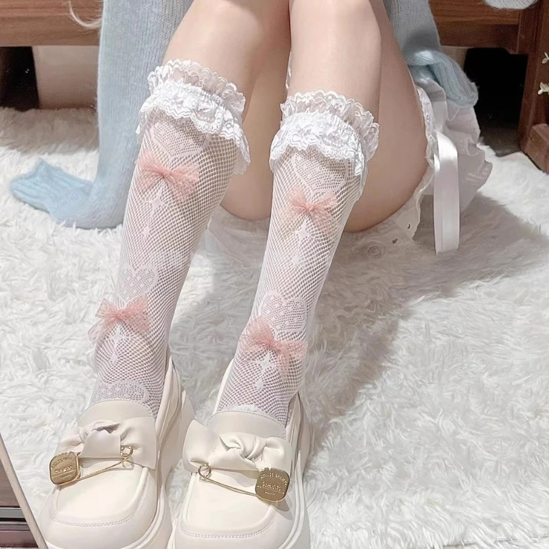 Sexy Lolita Bowknot Mid Length Stockings JK Girls Lace Calf Long Socks Y2K Princess Long Length Socks Lace Bow Shaped Stockings