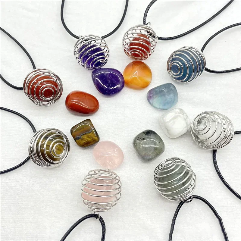 Natural Gemstone Cage Pendants Copper Wire Wrapped Healing Crystal Stone for DIY Jewelry Making Meditation