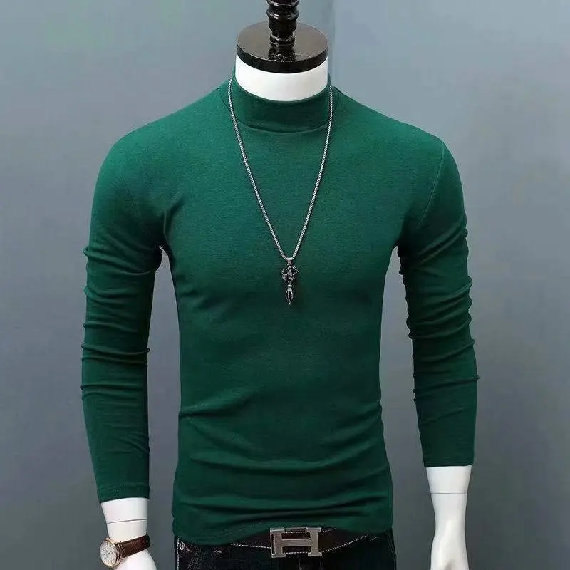 Fashion Men\'s Casual Slim Fit Basic Turtleneck High Collar Pullover Male Autumn Spring Thin Tops Basic Bottoming Plain T-shirt