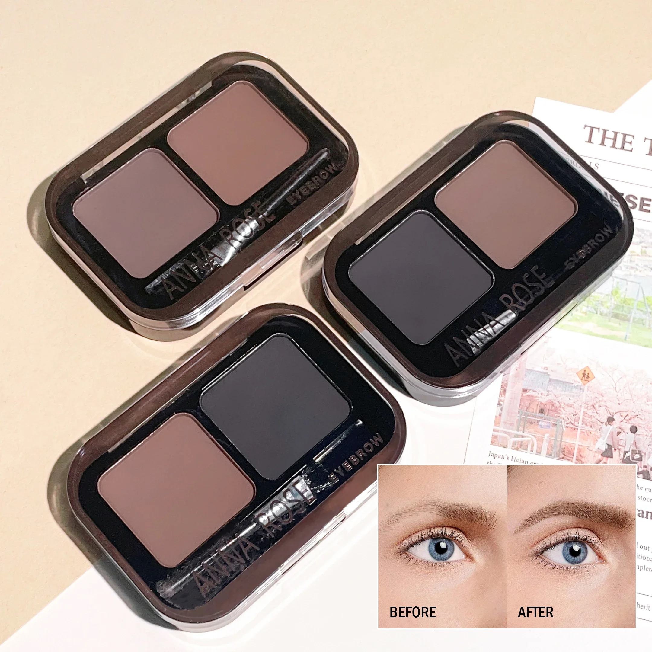 Paleta de pó para sobrancelha, 2 cores, maquiagem, preto, marrom, intensificador de sobrancelha, profissional, à prova d'água, cosméticos, paleta de sombra com pincel