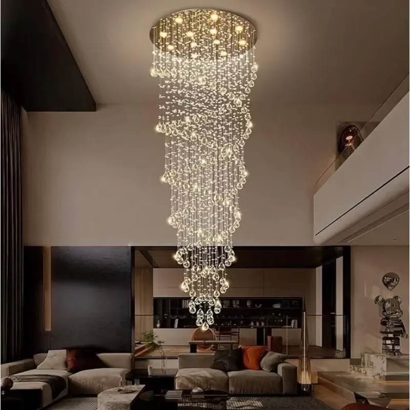 Luxury Staircase Raindrop Shaped High Top Recessed Chandelier Modern Hotel Lobby Villa K9 Crystal LED Spiral Chandelier