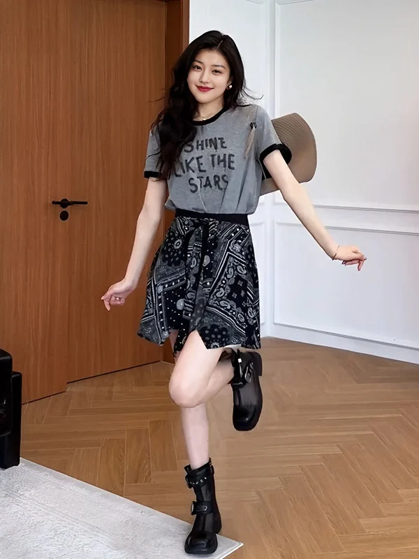 plus Size Retro Top Bottoms Set Women's New Style Summer Outfit Complete Two-Piece Casual round Neck Short Sleeve Set