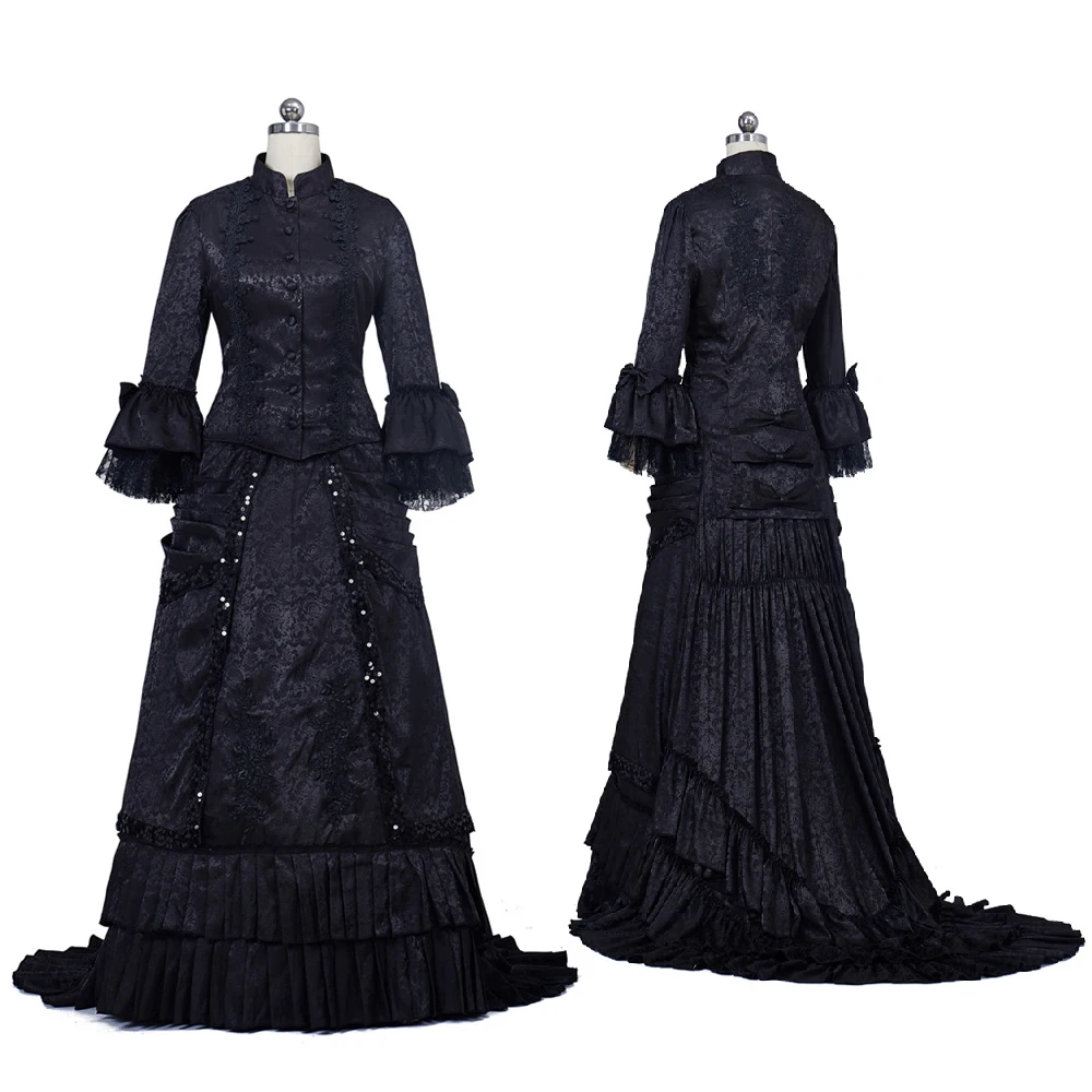 Victorian Mourning Dress Medieval Black Bustle Top Long Skirt Suits Renaissance Masquerade Ball Gown Halloween Outfits Custom