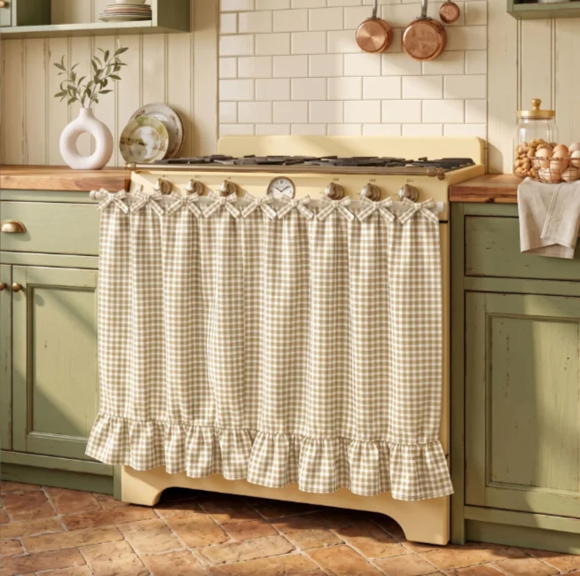 Farmhouse Kitchen Decor Oven Skirt, Handmade Tie Top Ruffled Curtain, Ribbon Ties Appliance Cover for Oven Cabinet Dish Washer
