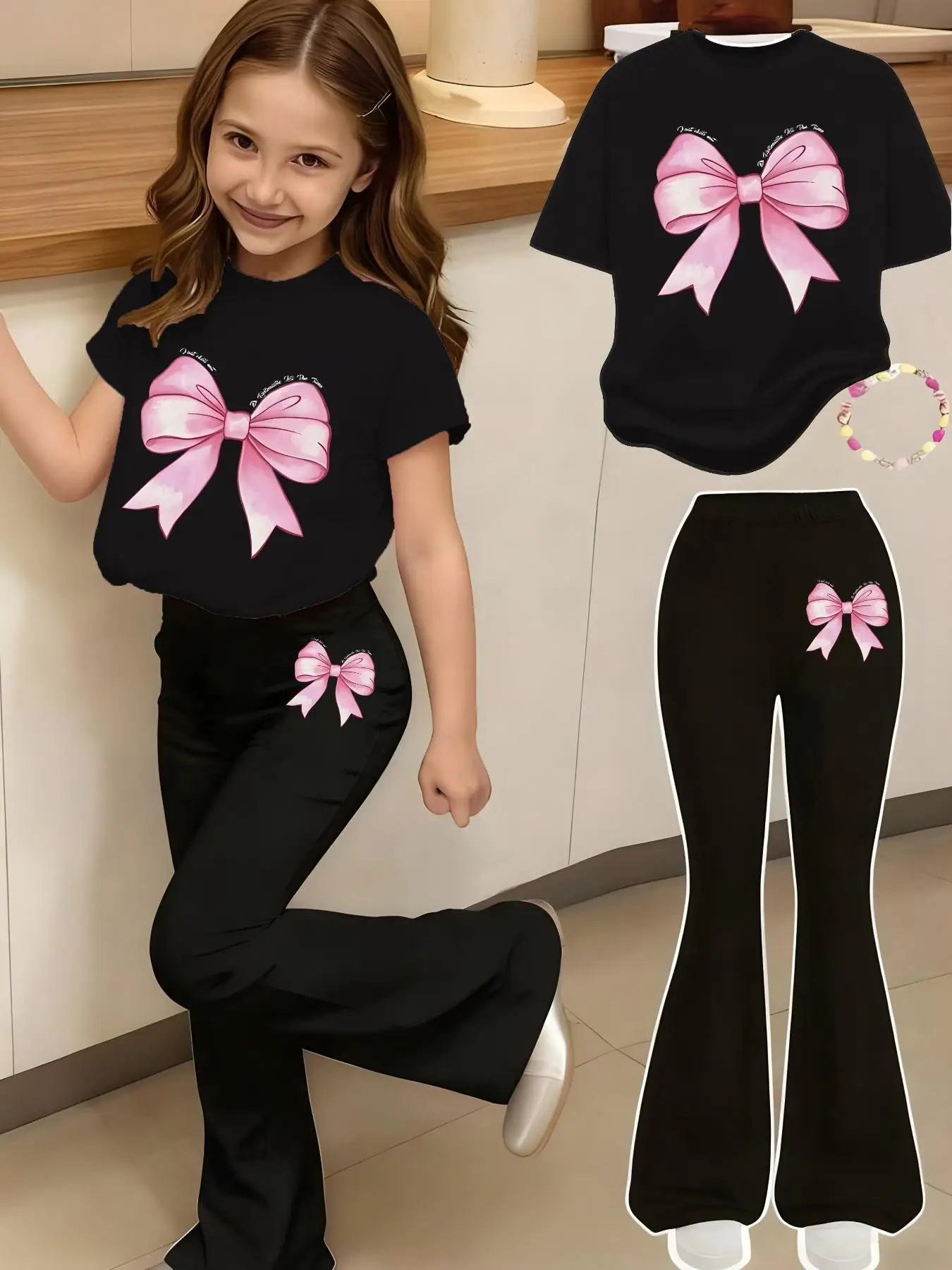 Sommerliches Freizeitoutfit für Mädchen: Kinder-Set mit Schleifenmuster und kurzen Ärmeln, reguläres Kurzarm-Oberteil + schwarze Schlaghose, zweiteiliges Set, geeignet für Mädchen im Alter von 4-12 Jahren, vielseitige Kleidung für Zuhause und Ausflüge – Detail 1