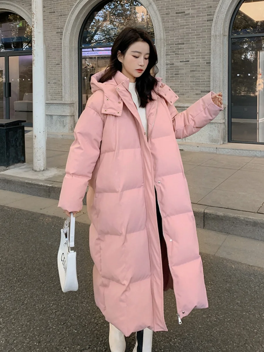 긴 길이의 코튼 패딩 코트 여성 겨울 신착 동대문 한국 스타일 핑크 다운 코튼 자켓 후드 지퍼가 달린