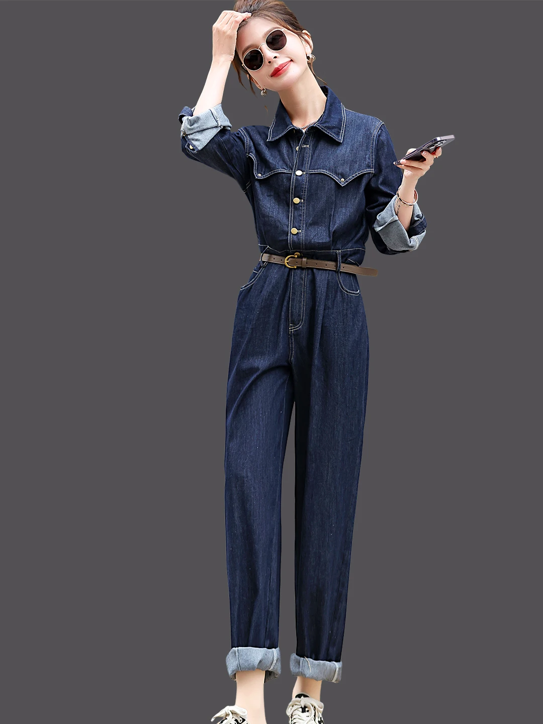 

Женские джинсовые комбинезоны Ele Workwear для весны и осени, с завышенной талией, из смесового хлопка, с эффектом похудения, длинные рукава