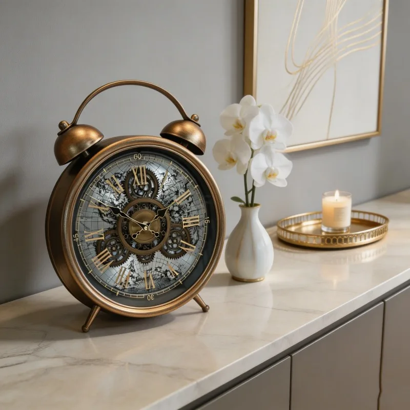 Creative Alarm Clocks European Vintage Gear Alarm Clocks Metallic Dial Glass Mirror Surface Table Clock Bedroom Decoration