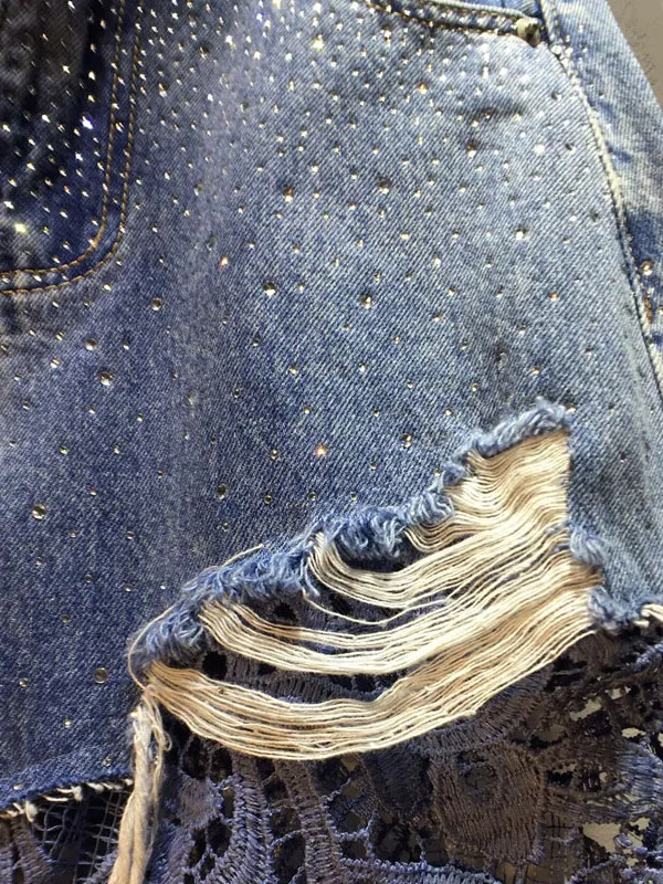Europe Station Wide Leg Frayed Rhinestone Jeans 2025 Autumn New Style Patchwork Hollow Crochet Lace Long Pants Women's Pants