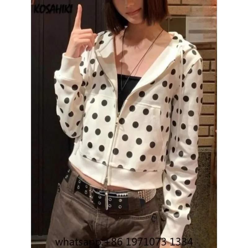 Spring Women Polka Dot Printing Casual Sweatshirts Y2k Aesthetic Grunge Pocket Hoodies Harajuku Vintage Cropped Hooded Hoody