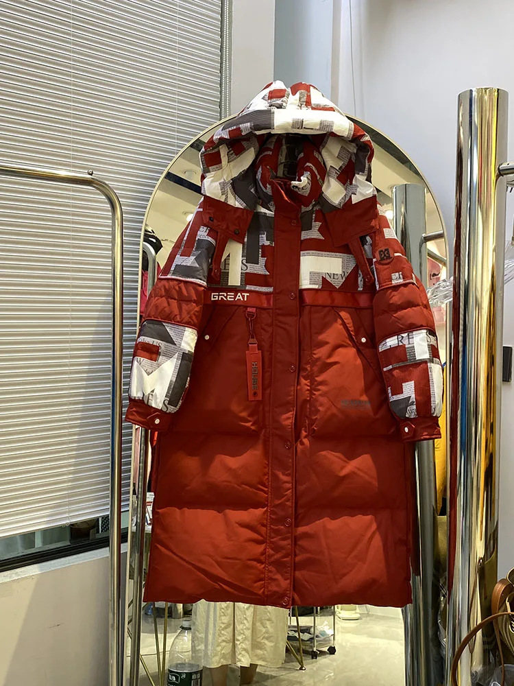 2025年トレンド新色ブロックダウンジャケット レディース 膝丈 ルーズ 厚手 冬 カラーコントラスト スリムダウンコート