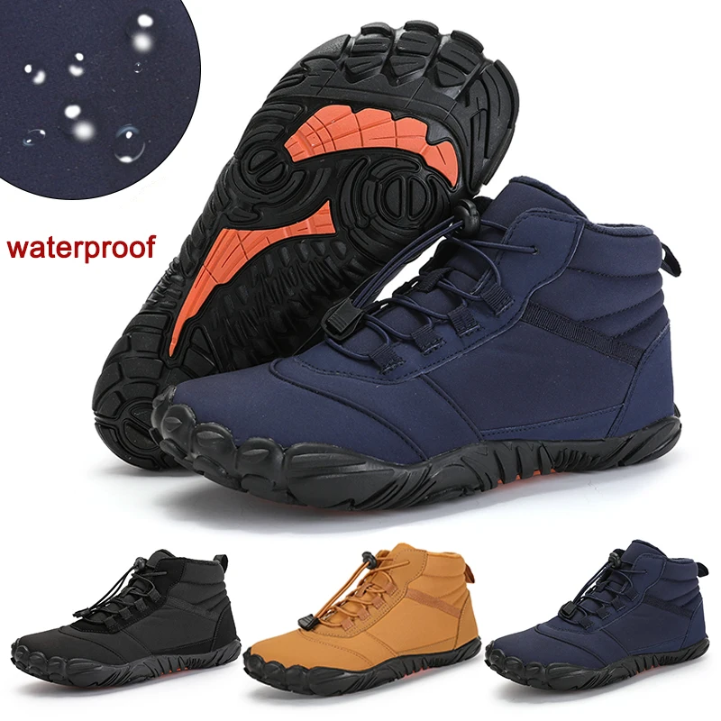 

2025 Men Winter Barefoot Snow Boots Women Warm Fur High Ankle Boots Non-slip Outdoor Hiking Shoes Quick Dry Cotton Shoes 36-47