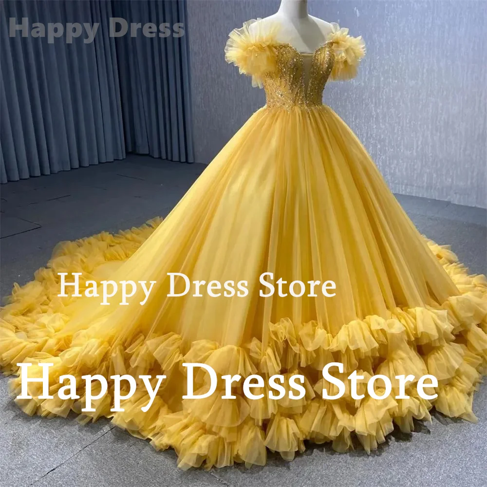 Feminino elegante vestido de baile amarelo, Princesa vestido de baile, Vestido de casamento, Vestido de baile, Vestido de noite, Novo vestido de noiva