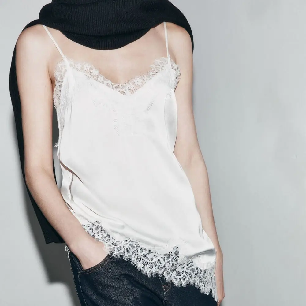 Chic Asymmetrical Lace Lace Patchwork Top Sexy Lace Backless Camisole Tops Sleeveless Elegant Backless Tops Evening Dress